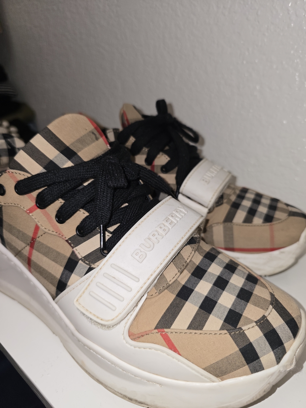 Burberry Tan Plaid Sneakers with Black Laces and Red Accent